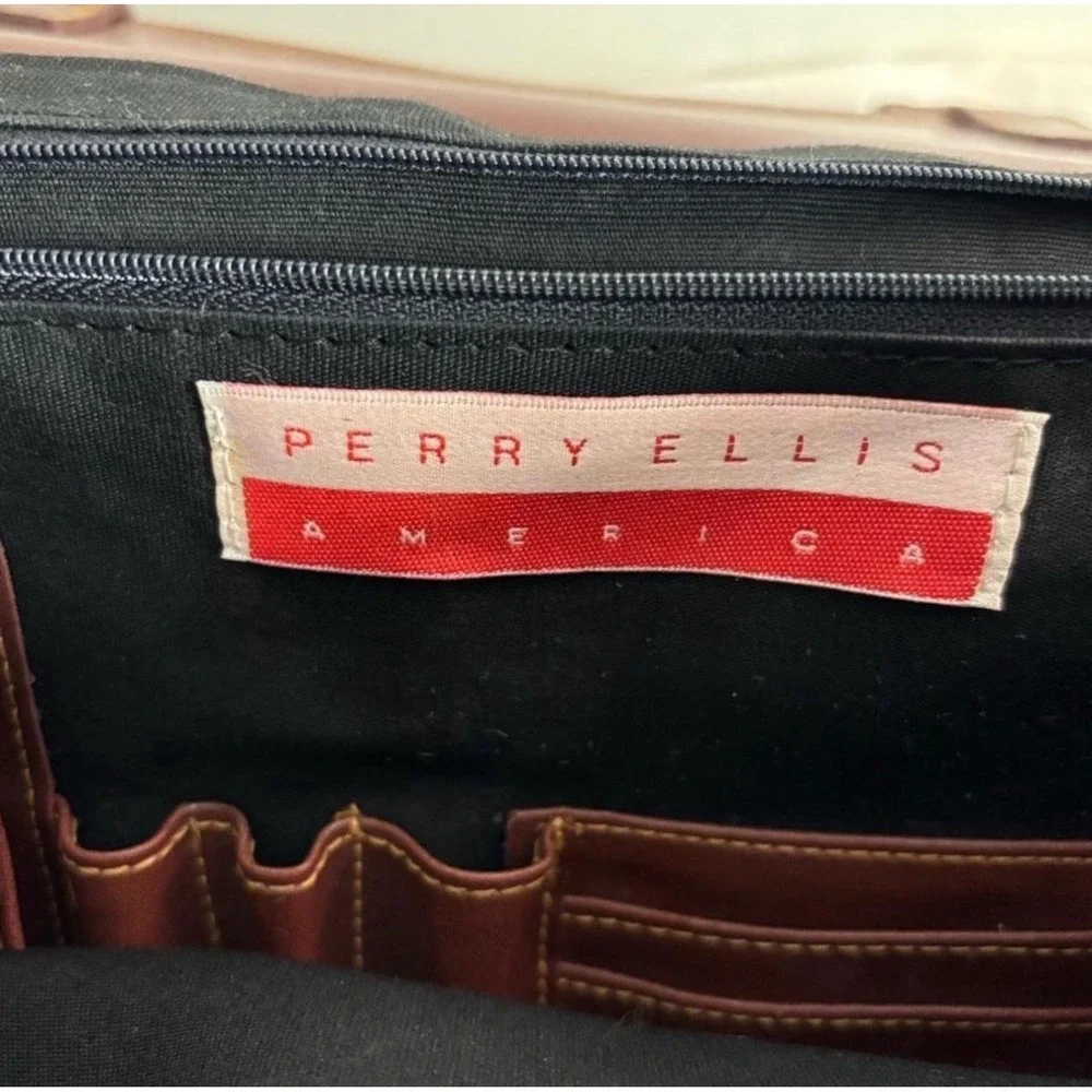 Perry Ellis Vtg Brown Color‎ Block Briefcase w/Strap & Structured Design (1990s)
